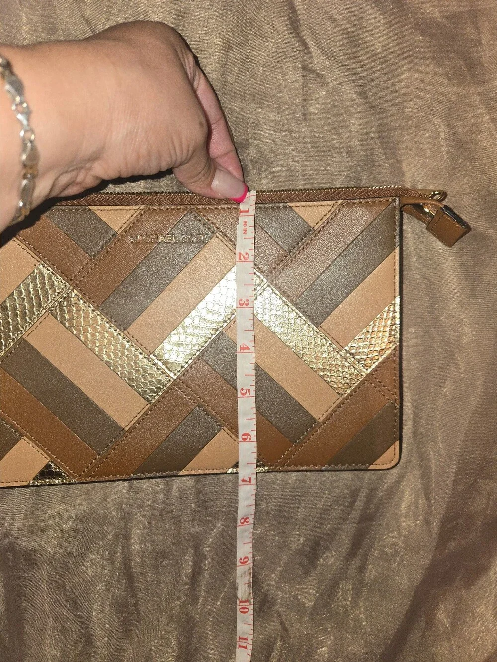 Michael Kors Brown & Gold Patchwork Wristlet Clutch